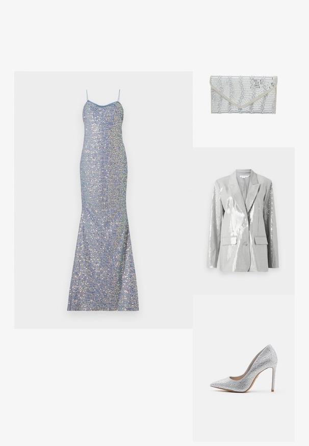 Good American Blazer - grey; Hellblaues Pailletten-Abendkleid mit figurbetontem Schnitt, dünnen Trägern und einem Meerjungfrau-Saum, das mehrfarbige reflektierende Akzente aufweist.; Silberne hochhackige Pumpe mit spitzer Zehe, verziert mit Strasssteinen, glatter Textur und einem Stiletto-Absatz, der sich zu einer schmalen Basis verjüngt.; faina Clutch - silver coloured