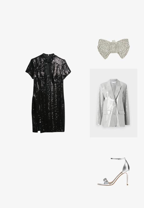 Good American Blazer - grey; Zwarte jurk versierd met pailletten, met een hoge halslijn, korte mouwen en een sleufdetail aan de voorkant, met een lichte split aan de onderrand.; Zilveren hoge-gehakte sandaal met enkelriem en decoratieve juwelenversiering op de teenriem, slanke hak en open teen ontwerp.; Zilverkleurige clutch in de vorm van een strik, versierd met heldere rhinestones en een kristallen sluiting bovenop.