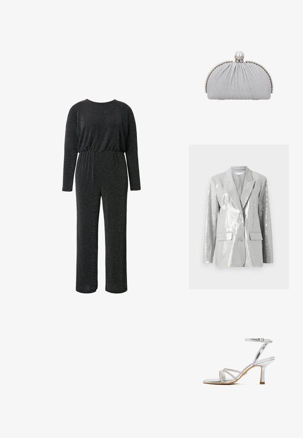 Good American Blazer - grey; Sort jumpsuit lavet af et struktureret, glitrende stof, med lange ærmer, rund halsudskæring, elastisk talje og vide benåbninger.; Sølvfarvet sandal med hæl, tynde stropper med rhinsten foran og ankelrem med spænde samt buet hæl i middels højde på tanfarvet sål.; Sølvgrå clutchpung med samlet stof, perlekant langs kanterne og en dekorativ sølvspænde på toppen.