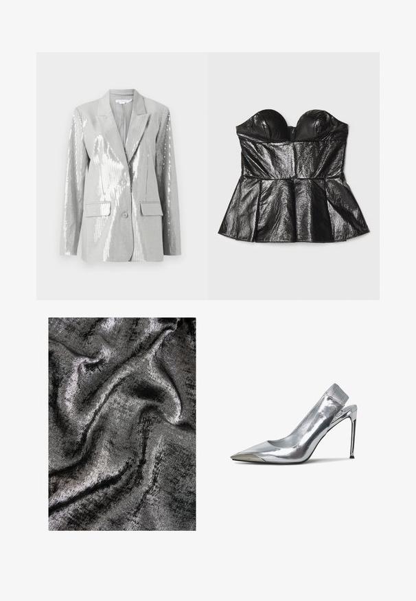 Good American Blazer - grey; Sara Battaglia SWEETHEART - Top - black; Sort og sølv struktureret stof med en glitrende finish, der har glatte, flydende bølger og en subtil glans.; Sølv slingback højhælede sko med spids tå og metallisk finish. Har et strømlinet design og minimalistiske detaljer på hælen.