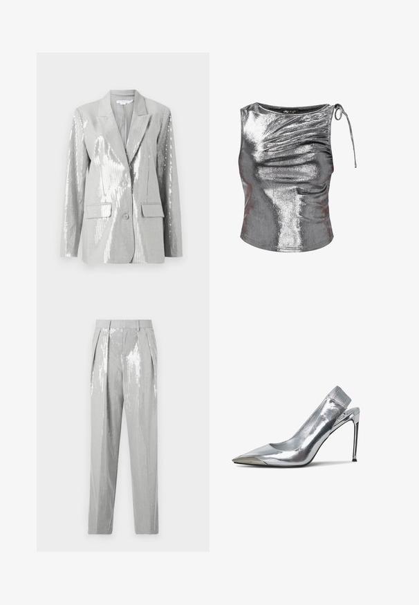 Good American Blazer - grey; Zilverkleurige metallic mouwloze top met geplooide voorkant en een gestrikte band aan de rechter schouder, cropped lengte en ronde halslijn.; Good American SUITING GOOD TROUSER - Broek - grey; Zilveren slingback hoge hak schoen met een spitse neus en metallic afwerking. Heeft een strakke uitstraling en minimalistische accenten op de hak.