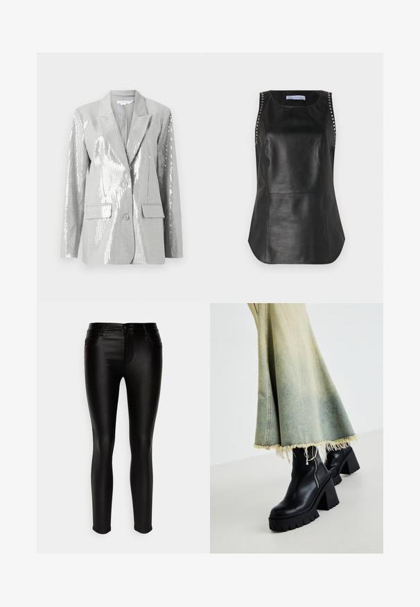 Good American Blazer - grey; Zwarte leren mouwloze top met een gladde textuur, voorzien van metalen studs langs de schouders en een afgeronde zoom.; ONLY Petite ONLHELLA COATED - Jeans Skinny Fit - black; Zwarte leren enkelboots met een chunky, textuurgegeven zool, gecombineerd met een vervaagde denimrok met rafelige randen. Ritsdetail aan de zijkant.