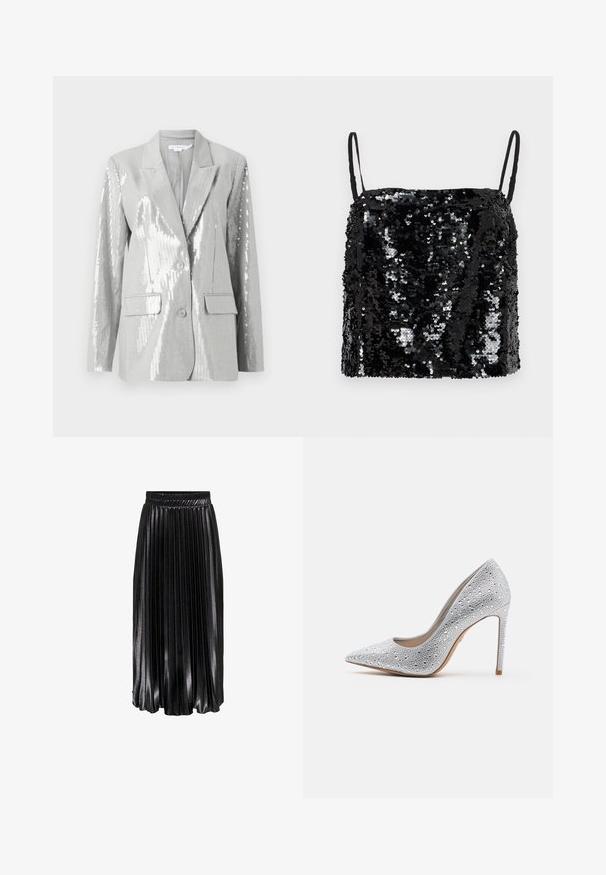 Good American Blazer - grey; Haut noir à sequins avec fines bretelles réglables, présentant un décolleté carré et une surface texturée créée par des sequins superposés.; Jupe midi plissée noire avec une finition brillante, taille élastique et plis verticaux prononcés, offrant une apparence texturée et fluide.; Escarpin argenté à talon haut avec une pointe conique, orné de strass, texture lisse et un talon stiletto se rétrécissant à une base étroite.