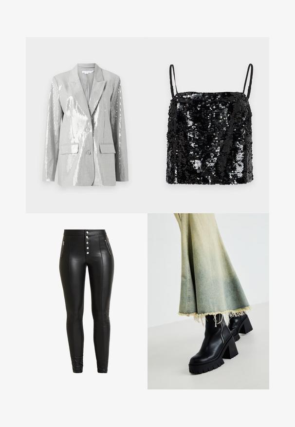 Good American Blazer - grey; Zwarte pailletten top met dunne verstelbare bandjes, voorzien van een vierkante halslijn en een gestructureerd oppervlak door overlappende pailletten.; Zwarte faux leren high-waisted broeken met vijf knoopsluitingen, twee met rits afgesloten zakken en een aangesloten ontwerp, met voorste naden details.; Zwarte leren enkelboots met een chunky, textuurgegeven zool, gecombineerd met een vervaagde denimrok met rafelige randen. Ritsdetail aan de zijkant.