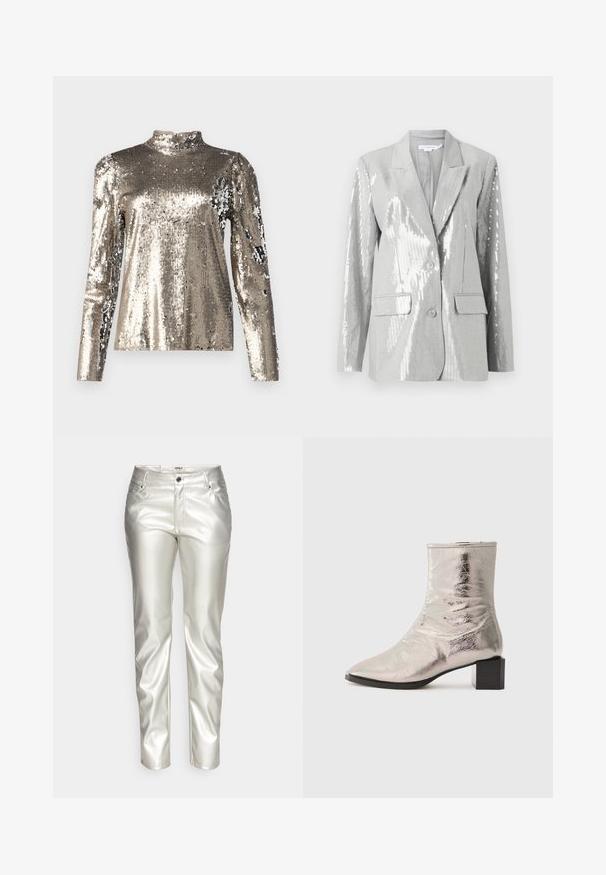Good American Blazer - grey; Haut à manches longues et col haut recouvert de sequins argentés. Présente une texture lisse avec une silhouette ajustée et des détails de conception à épaules bouffantes.; ONLY ONLJACI LILO - Pantalon classique - silver; Bottine argent métallique avec un bout pointu et un talon bloc. Texture lisse, design épuré et détails de couture minimalistes.