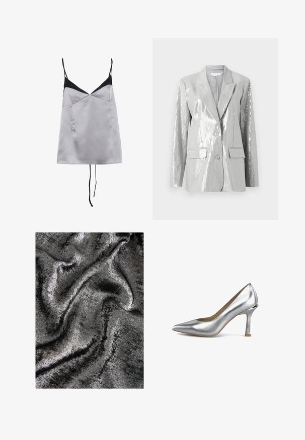 Good American Blazer - grey; Satijnen topje in lichtgrijs met zwarte accenten en dunne bandjes. Heeft een V-halslijn, een soepele textuur en een ontspannen pasvorm.; Zwarte en zilveren geweven stof met een glanzende afwerking, met gladde, vloeiende golven en een subtiele glans.; Zilveren metallic high heel pump met een spitse neus, gestructureerde afwerking en een uniek hoekig hakontwerp. Strakke lijnen en gladde oppervlakken.