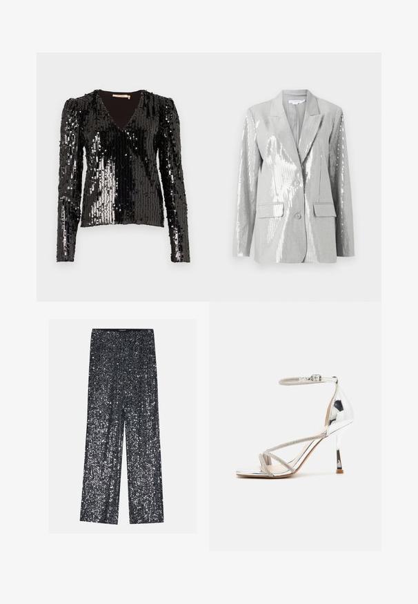 Good American Blazer - grey; Sort sequined langærmet top med V-hals og puffede skuldre, med en glat, struktureret overflade der reflekterer lys.; Sorte palazzo bukser med vid bendesign og elastisk talje, der har en skinnende, tekstureret overflade, som reflekterer lys.; Sølv højhælede sandal med en snøredesign, glitrende materiale, rhinsten accenter og en slank ankelrem. Firkantet tå og poleret hæl.