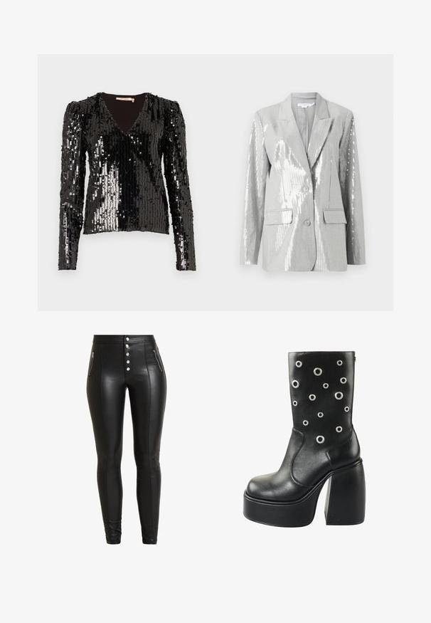 Good American Blazer - grey; Top negro con lentejuelas de manga larga que presenta un escote en V y hombros abullonados, con una superficie lisa y texturizada que refleja la luz.; Pantalones de imitación de cuero negros de cintura alta con cierre de cinco botones, dos bolsillos con cremallera y un diseño ajustado, con detalles de costura en la parte delantera.; Botín de tobillo de plataforma de cuero negro con grandes acentos de ojales plateados, punta redonda y un tacón grueso alto para mayor altura.