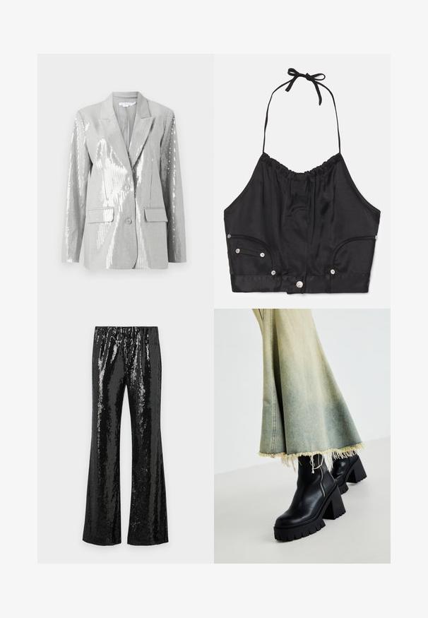 Good American Blejzer - grey; Čierny saténový halter crop top s vrúbkovou textúrou, nastaviteľnou šnúrkou na krku, prednými gombíkmi a dvoma bočnými vreckami so striebornými kovovými akcentmi.; Čierne trblietavé nohavice so širokým strihom, ktoré majú elastický pás a lesklú textúru odrážajúcu svetlo. Vertikálny vzor trblietok.; Čierne kožené členkové topánky s robustnou textúrovanou podošvou, spárované so zodratou džínsovou sukňou s fraktúrovanými okrajmi. Detail so zipsom na boku.