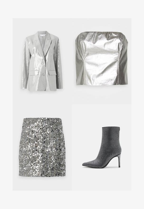 Good American Blazer - grey; Gina Tricot TUBE - Top - silver-coloured; Mini falda de lentejuelas con un esquema de color metálico plateado y negro, superficie texturizada con lentejuelas reflectantes y un diseño ajustado.; Botín negro de tobillo con punta afilada y tacón de aguja, cubierto de piedras brillantes para un acabado texturizado y brillante.