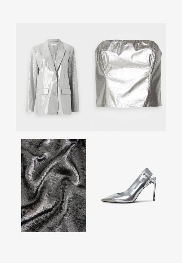 Good American Blazer - grey; Gina Tricot TUBE - Top - silver-coloured; Schwarzer und silberner strukturierten Stoff mit schimmerndem Finish, der glatte, fließende Wellen und einen subtilen Glanz aufweist.; Silberne Slingback-Pumps mit High Heels, spitz zulaufender Zehenpartie und metallischem Finish. Verfügt über ein elegantes Design und minimalistische Akzente am Absatz.