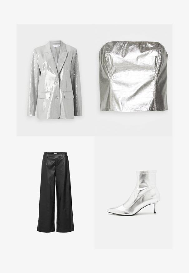Good American Blazer - grey; Gina Tricot TUBE - Débardeur - silver-coloured; Object Wide-leg ed - Pantalon classique - black; Bottine métallique argentée avec un bout pointu et un talon fin. Présente un ajustement snug et une texture lisse et brillante. Accent de couture en haut.