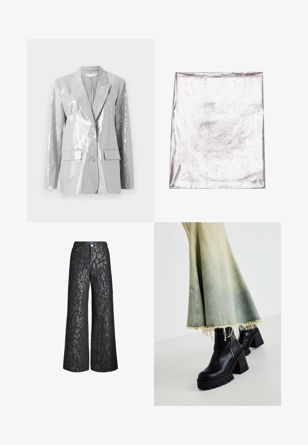 Good American Blazer - grey; Tissu argenté métallique avec une texture lisse et un léger éclat. Forme rectangulaire, bords soigneusement cousus, sans motifs ou accents marquants.; Pantalons larges noirs avec un motif en imprimé animal dans des nuances variées de gris. Fabriqués en denim, ils sont dotés de cinq poches et d'une fermeture à bouton à l'avant.; Bottines en cuir noir avec une semelle épaisse et texturée, associées à une jupe en denim délavé avec des bords effilochés. Détail de fermeture éclair sur le côté.