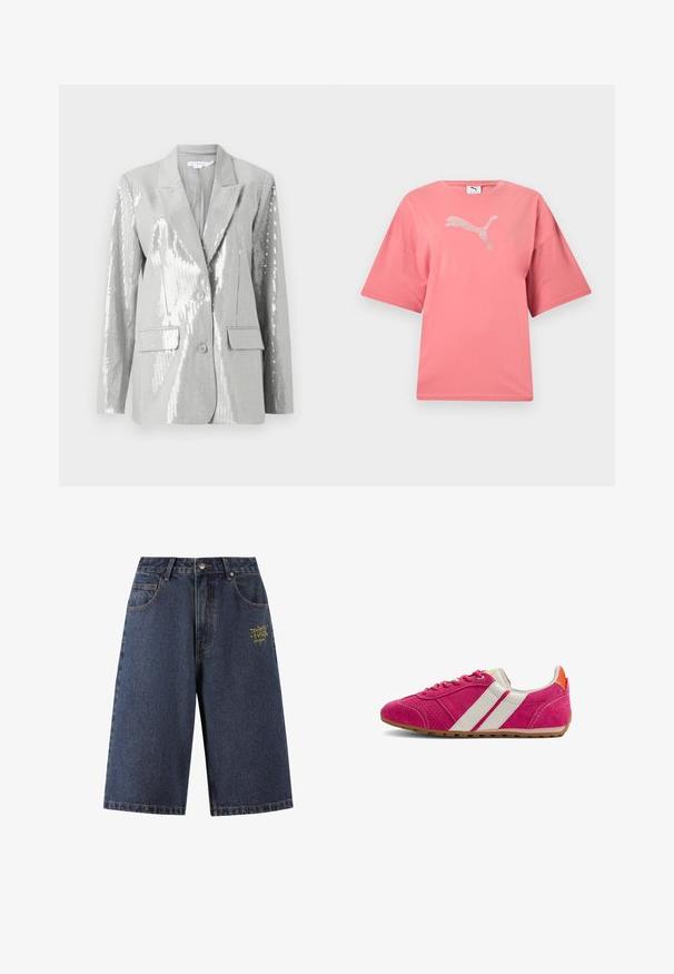 Good American Blazer - grey; Roze T-shirt met korte mouwen, een ronde halslijn en een wit gestippeld Puma-logo in het midden van de borst.; Donkerblauwe denimshorts met een losse pasvorm, vijf zakken, gouden geborduurde tekst op de voorkant en contrasterende stiksels langs de naden.; Low-profile roze suède sneaker met witte zijstrepen, bruine zool, veterluiting aan de voorkant en een oranje accent op de hiel.