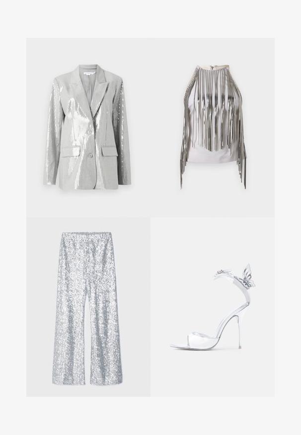 Good American Blejzer - grey; Biely bezrukávový top so štíhlymi striebornými metalickými strapcami po stranách a na výstrihu, ktoré vytvárajú ohromujúcu kontrastnú textúru a vzhľad.; Strieborné flitrové nohavice s rozšírenými nohavicami a elastickým pásom. Majú lesklú textúru a široký strih nohavíc.; Strieborná sandála s vysokým podpätkom a remienkom okolo členka, s dekoratívnym motýlikom na boku.