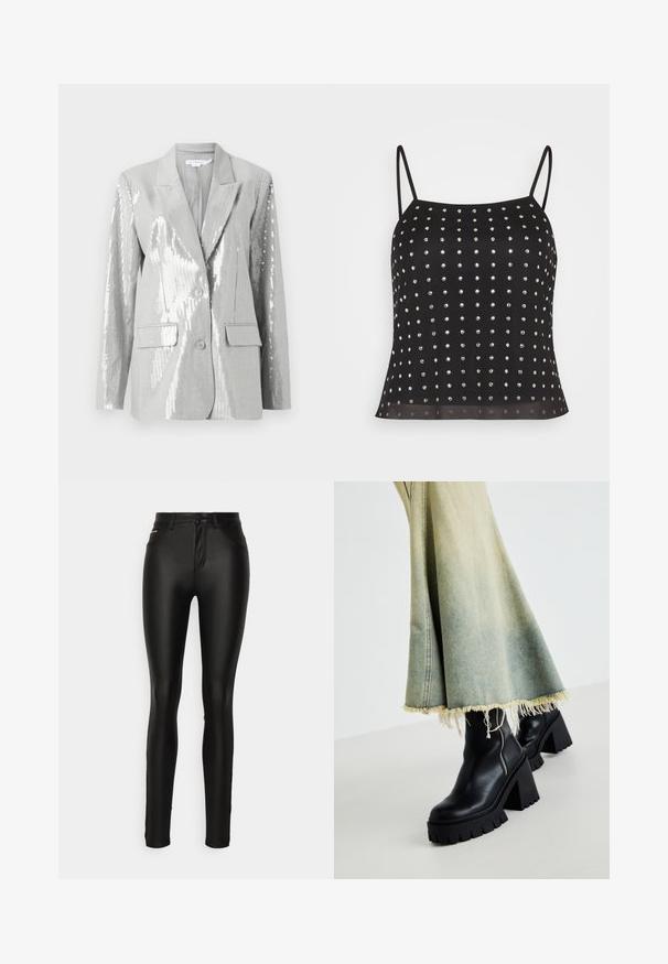 Good American Blejzer - grey; ONLY ONLBECCA STUDS STRAP - Top - black/silver; ONLY Tall ONLROYAL PANT - Nohavice - black; Čierne kožené členkové topánky s robustnou textúrovanou podošvou, spárované so zodratou džínsovou sukňou s fraktúrovanými okrajmi. Detail so zipsom na boku.