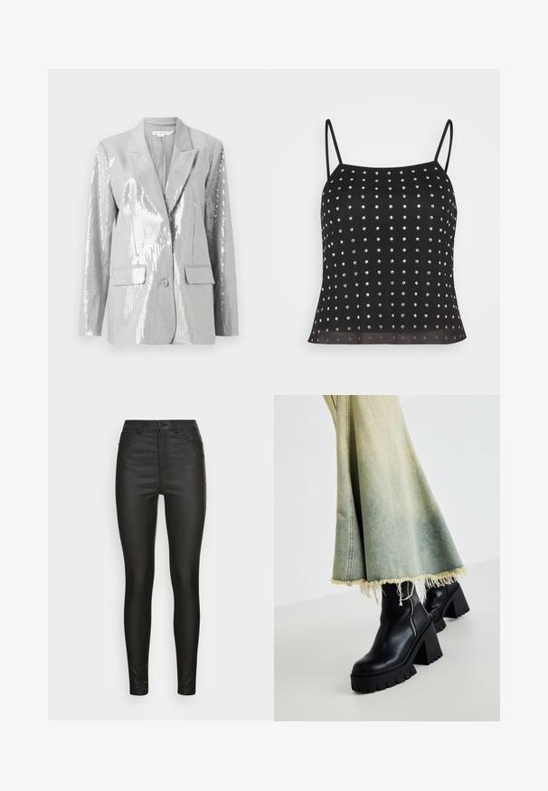 Good American Blejzer - grey; ONLY ONLBECCA STUDS STRAP - Top - black/silver; Vero Moda VMSANDRA COATED - Nohavice - black; Čierne kožené členkové topánky s robustnou textúrovanou podošvou, spárované so zodratou džínsovou sukňou s fraktúrovanými okrajmi. Detail so zipsom na boku.
