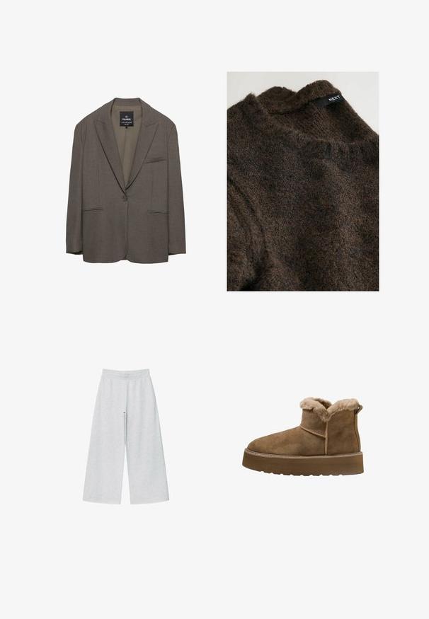Brun enkelknapsblazer med hakket revers, to forlommer og en brystlomme, lavet af Pull&Bear.; Brun strikket sweater lavet af tykt, fuzzy materiale med høj krave og et mærke, der står "NEXT." Har et tekstureret mønster og en blød finish.; Lys grå vidtgående bukser lavet af blødt stof med elastisk talje. Designet har en løs pasform for komfort og bevægelsesfrihed.; Brune ruskinds ankelstøvler med faux pelsfor, rund tå og en tykk platformsål; har en syet søm og en trækflap bagpå.