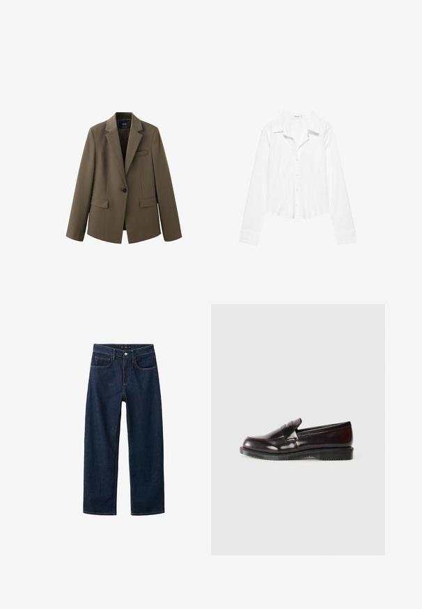 Olivengroene blazer met één knoop, met notch-revers, twee klepzakken en één borstzak, getoond op een witte achtergrond.; Wit overhemd met lange mouwen, kraag, licht getailleerde taille en met knopen gesloten manchetten, getoond op een witte achtergrond.; Donkerblauwe denim broek met een rechte pijp, voorzien van een klassieke vijf-pocket stijl, zichtbare stiksels en een knoopsluiting bij de taille.; Bordeaux leren loafers met een gladde oppervlakte, een verhoogde randdetail en een rubberen zool. Ontworpen met een ronde neus en minimale hardware.