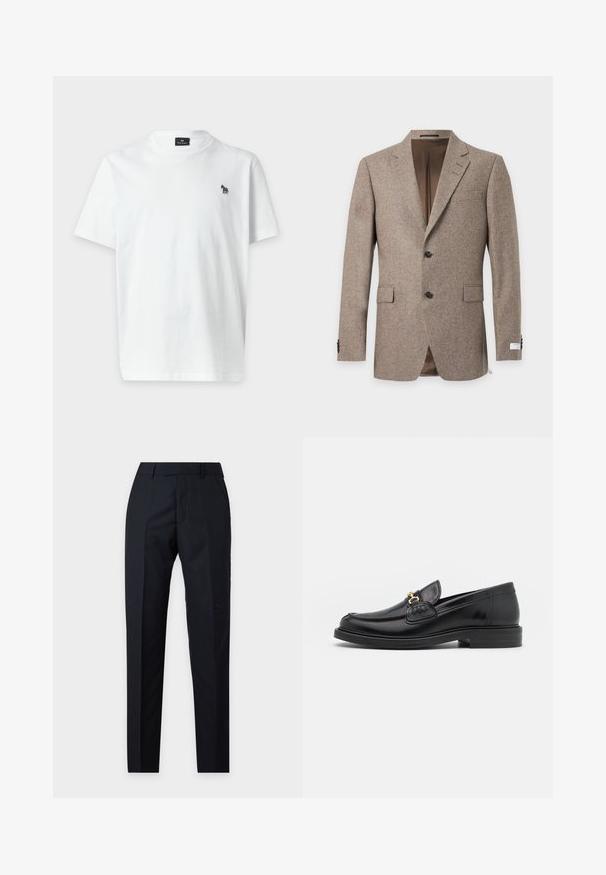 Veste blazer marron pour homme à deux boutons, col cranté, poches à rabat et doublure intérieure marron lisse, présentée sur fond blanc.; T-shirt blanc uni à manches courtes avec un petit logo zèbre multicolore sur le côté gauche de la poitrine et un col rond.; Pantalon formel noir sur mesure avec une coupe droite, des passants de ceinture et un pli frontal, présenté sur un fond neutre.; Mocassins en cuir noir avec un embout rond, présentant des accents en métal doré et des détails de couture, montés sur une semelle en caoutchouc texturé et basse.
