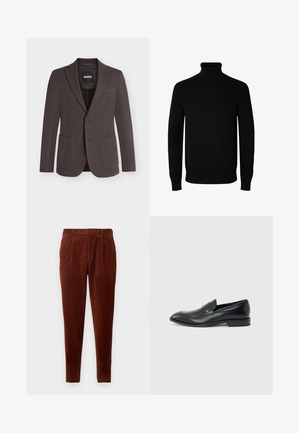 Mørkebrun enkeltbrystet blazer med notch revers, to forlommelommer, en brystlomme og knaplukning, mærket BOSS inde i kraven.; Sort langærmet rullekrave sweater med rib manchetter og kant, vist på en ensartet hvid baggrund.; Brune corduroy bukser med lige pasform, featuring frontfolder, to sidelommer og en glat tekstur. Velegnet til afslappet brug.; Sort læder herre loafer med lav hæl, rund tå og lille metallisk logo på remmen, vist i sideprofil på ensfarvet baggrund.