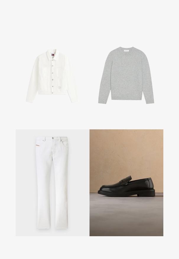 Veste en denim blanc à manches longues, boutonnée sur le devant, avec deux poches poitrine et une petite étiquette logo près de l'ourlet inférieur.; Pull en laine gris clair avec un col rond, des manches longues et des poignets et ourlet côtelés. Texture douce avec un design solide et minimal.; Jean blanc à jambes droites avec poches avant et arrière, passants pour ceinture, et fermeture par bouton métallique à la taille.; Mocassin en cuir noir flottant au-dessus d'un tapis tissé beige avec une table ronde en bois et un canapé en arrière-plan.