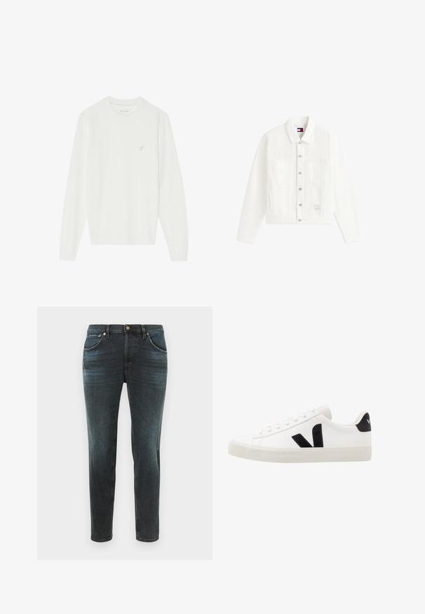 Veste en denim blanc à manches longues, boutonnée sur le devant, avec deux poches poitrine et une petite étiquette logo près de l'ourlet inférieur.; Pull blanc à manches longues en maille douce. Il présente un col rond et un petit motif d'oiseau brodé sur le côté gauche de la poitrine.; Jeans en denim bleu foncé avec une coupe slim, cinq poches, fermeture par bouton et zip à l'avant, léger délavage et détails déchirés au niveau des cuisses.; Sneaker blanche en cuir avec des accents en daim noir ; dispose d'une semelle en caoutchouc, d'un bout rond et d'un design classique à lacets. Logo latéral en noir.