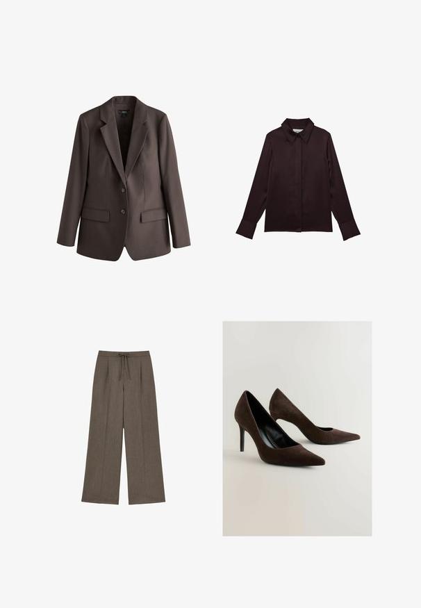 Blazer de color marrón oscuro hecho a medida con dos botones y bolsillos con solapa, con solapa de muesca y mangas largas.; Camisa de manga larga color púrpura oscuro hecha de tela suave, con cuello clásico, cierre frontal de botones y puños. Sin patrones ni adornos.; Pantalones marrones de pierna ancha con cintura alta y cierre con cordón atado en la parte delantera.; Tacones altos de ante marrón con punta afilada y una silueta elegante. Los zapatos presentan un interior negro brillante y un tacón de aguja delgado.