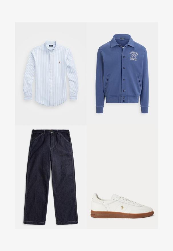 Marineblauwe sweatshirtjas, gemaakt van katoen, met knoopsluiting aan de voorkant, twee zijzakken, geribbelde manchetten en zoom, met geborduurd logo op de borst.; Lichtblauw en wit gestreept overhemd met knopen, een kraag, lange mouwen en een klein geborduurd logo op de borst. Katoenen materiaal.; Donkerblauwe denim spijkerbroek met rechte pijpen, contrasterende stiksels, kleine lussen voor een riem en voorzakken, plat liggend op een witte achtergrond.; Witte lage sneaker met bruine zool, veters aan de voorkant en klein gouden Polo Ralph Lauren-logo aan de zijkant.