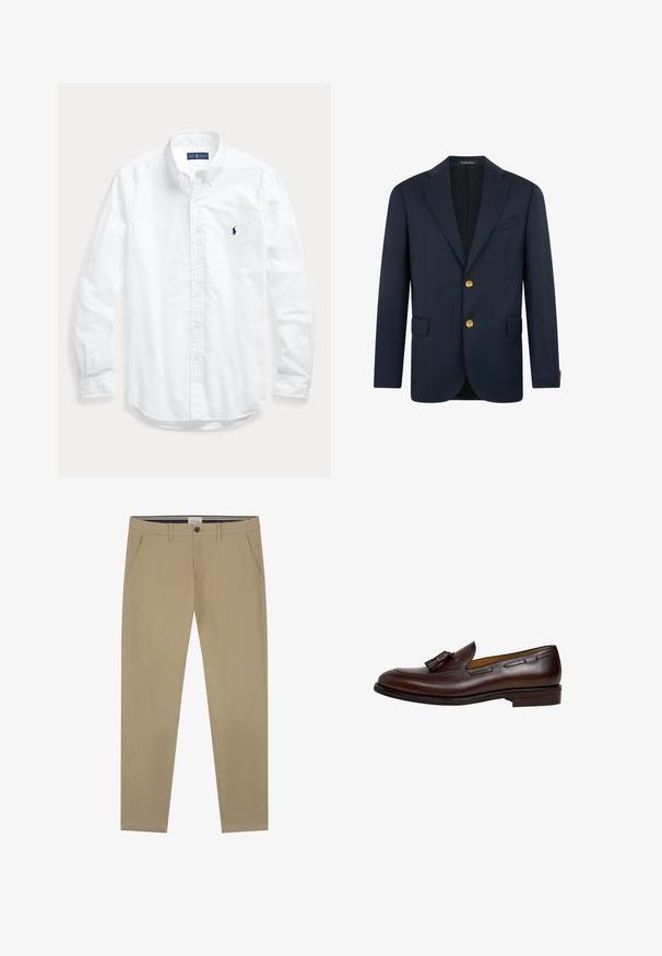 Marineblauwe blazer van gladde stof, met een enkelgeknoopte stijl, notched lapels, twee voorkanten zakken en gouden knopen.; Wit overhemd met lange mouwen, knopen en kraag, met een klein donker logo op de linkerborst, plat gelegd op een lichte achtergrond.; Beige chino's gemaakt van zachte katoen, met een recht model, een enkele knoopsluiting en twee zijzakken. Subtiele stikseldetails.; Donkerbruine leren loafer met kwastje, lage hak en gestikte details langs de zijkanten en bovenkant, weergegeven vanuit zijaanzicht aan de buitenkant.