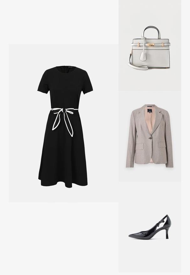 Blazer beige à carreaux marron à un bouton, avec des revers crantés et deux poches à rabat à l'avant, doublé d'un tissu rose pâle.; Robe noire longueur genou avec manches courtes et ceinture blanche nouée à la taille, avec un col rond et une fermeture éclair au dos.; Escarpin à talons hauts en cuir verni noir, à bout pointu, avec bride de cheville ornée d'un nœud et talon stiletto élancé.; Petit sac à main blanc avec poignées supérieures, une bandoulière amovible et un détail de boucle dorée sur le rabat avant.