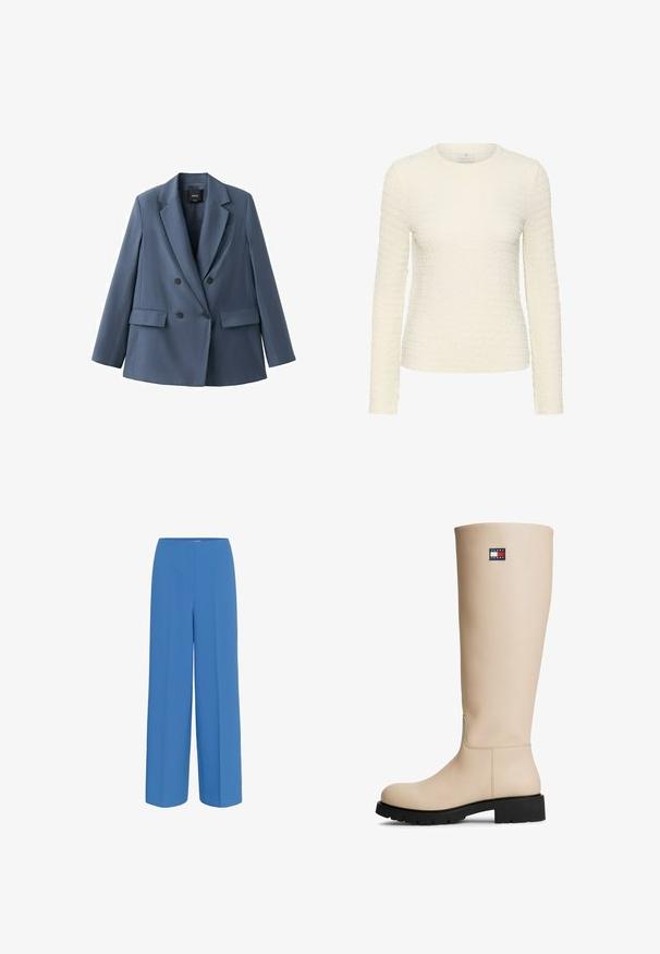 Blauw colbert met dubbele rij knopen, met inkeping in de revers, vier zwarte knopen, twee voorzakken met klep en een borstzak met sierbies.; Crèmekleurige trui met lange mouwen, ronde hals en aansluitende pasvorm, merk Kaffe.; Blauwe wijde broek van soepel materiaal, met een voorplooien en een platte tailleband zonder zichtbare sluitingen.; Beige knie hoge leren laars met zwarte zool en klein Tommy Jeans-logo vlak bij de bovenkant aan de buitenkant.