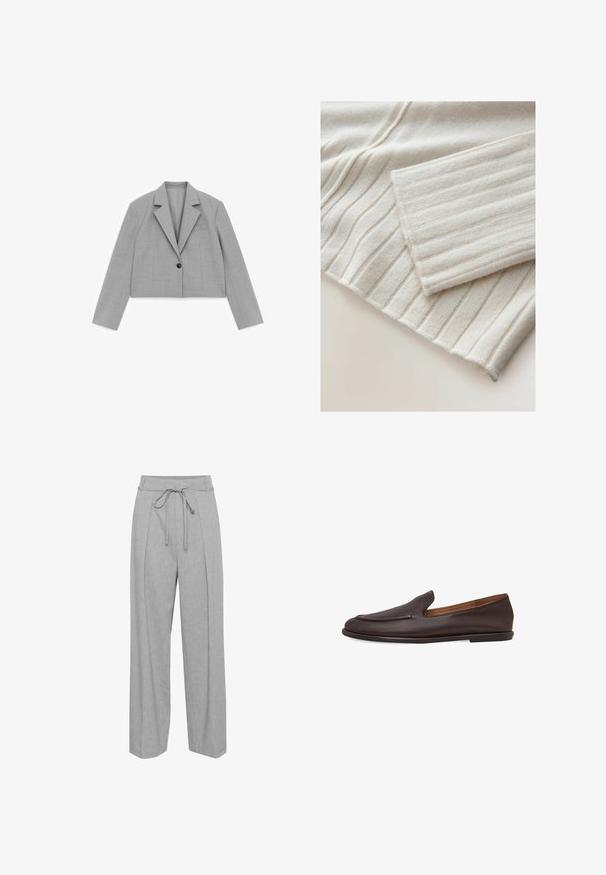 Lichtgrijs cropped blazer met lange mouwen, revers met inkeping, één zwarte knoop en een borstzak op een witte achtergrond.; Geribbelde gebreide trui in lichtbeige. Heeft een zachte textuur met verticale lijnen en een omgeslagen manchet. Materiaal lijkt gezellig en warm.; Grijze linnen broek met wijde pijpen en een hoge taille, voorzien van een trekkoord, plooien aan de voorkant en een zachte, textuurachtige afwerking.; Donkerbruine leren instap loafer met lage hak en gladde, afgeronde neus, afgebeeld tegen een witte achtergrond.