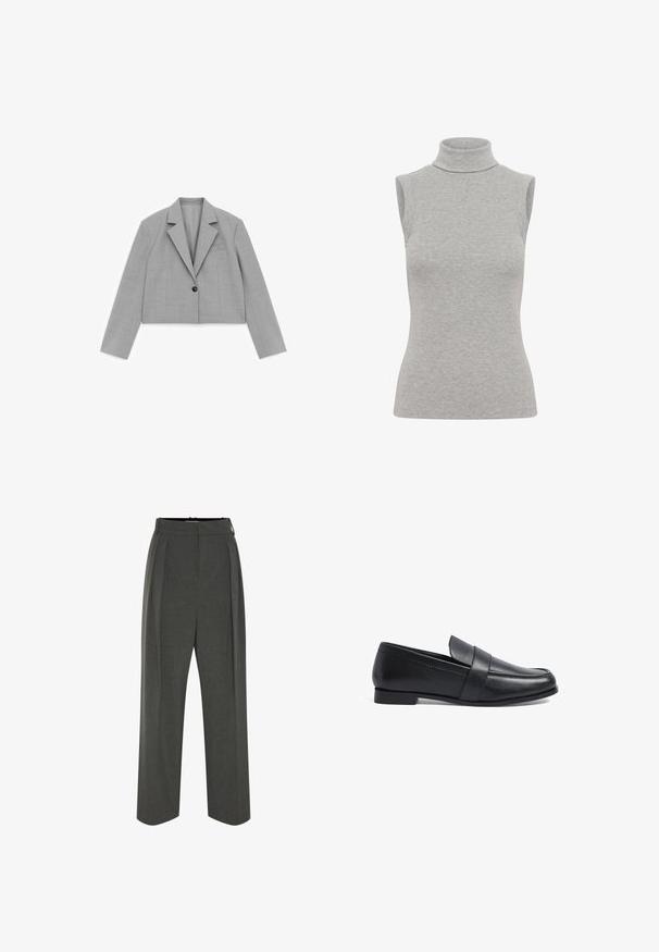 Blazer corto de color gris claro con mangas largas, solapas con muesca, un botón negro y un bolsillo en el pecho sobre un fondo blanco.; Top de cuello alto sin mangas en tejido acanalado gris claro. Presenta una silueta ajustada y un diseño de cuello alto. Textura suave con un detalle mínimo.; Pantalones grises de pierna ancha hechos de tela texturizada, con cintura alta y pliegues frontales. El diseño incluye una pretina lisa y sin cierres visibles.; Mocasines de cuero negro con tacón bajo, que presentan un empeine cosido y una banda decorativa a través del empeine. Textura suave, diseño clásico.
