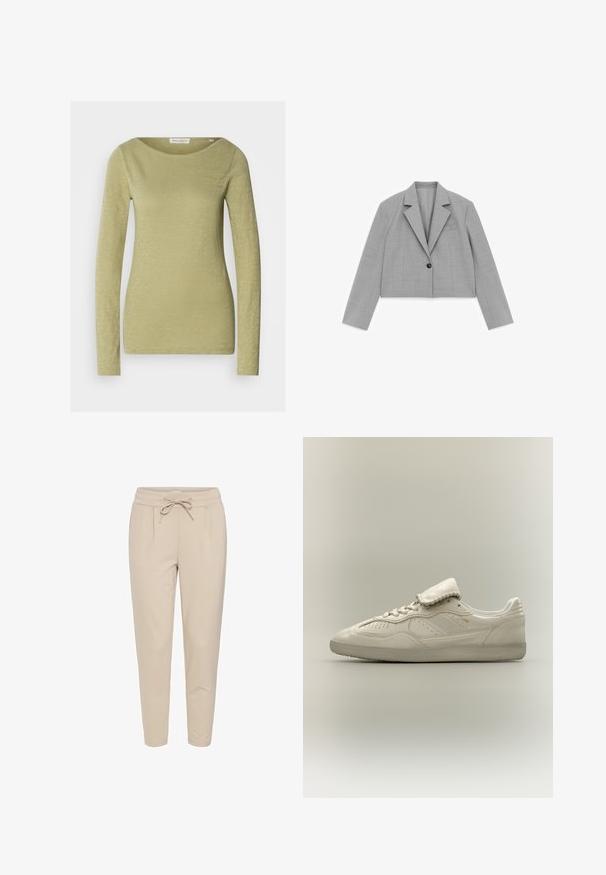 Lichtgrijs cropped blazer met lange mouwen, revers met inkeping, één zwarte knoop en een borstzak op een witte achtergrond.; Langemouwige top in licht olijfgroen, gemaakt van een zachte, gestructureerde stof. Heeft een brede halslijn en een aansluitende silhouet.; Beige joggerbroeken gemaakt van zachte stof, met een trekkoord in de taille, twee voorkruiszakken en taps toelopende pijpen voor een slimfit uitstraling.; Witte lage sneaker met gestructureerde zool, veters aan de voorkant, gevoerde tong en subtiele gouden branding aan de zijkant, getoond op een neutrale achtergrond.