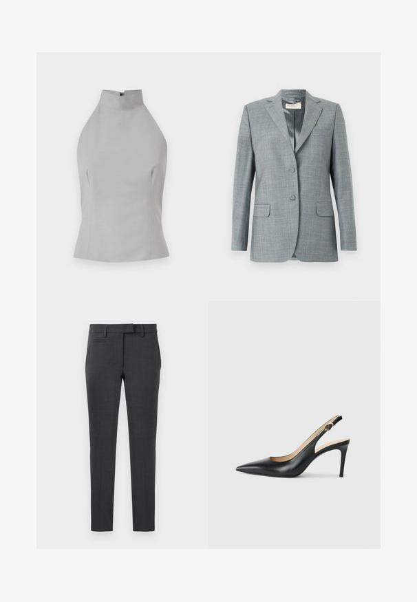 Lysegrå, skræddersyet blazer med et subtilt ternet mønster, to knapper, notched revers og to forlommer. Glat stoffinish.; Grå halterneck top med høj halsudskæring, skræddersyet pasform, glat tekstur og sømdetaljer på siderne. Ingen synlige lukninger.; Smal pasform mørkegrå bukser lavet af tekstureret stof, med flad front, sidelommer og et klassisk liv.; Sorte læder slingback højhælede sko med spids tå, justerbar rem og en slank stiletto hæl, der har en glat finish.