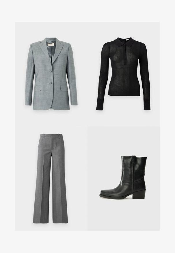 Lysegrå, skræddersyet blazer med et subtilt ternet mønster, to knapper, notched revers og to forlommer. Glat stoffinish.; Sort, langærmet tætsiddende striktrøje med gennemsigtig tekstur og solid krave, knaplukning foran, vist på en ensfarvet baggrund.; Grå bukser med vidde i et tekstureret stof. Har frontfolder, en tætsiddende talje og en poleret finish, ideel til formelle anledninger.; Sort læder ankelstøvle med rundt tå, blokhæl, lynlås i siden og stikninger på vampsiden. Glat tekstur, klassisk design.