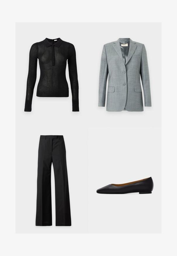 Blazer gris clair sur mesure avec un motif à carreaux subtil, deux boutons, revers crantés et deux poches avant. Finition du tissu lisse.; Haut en tricot noir à manches longues, ajusté, avec une texture transparente et un col uni, patte de boutonnage à l'avant, présenté sur un fond uni.; Pantalon noir taille haute à jambes larges avec plis devant et passants pour ceinture, présenté sur fond blanc.; Chaussure plate en cuir noir à bout pointu avec talon bas et finition lisse, vue de côté sur un fond gris clair.