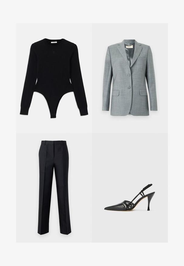 Lysegrå, skræddersyet blazer med et subtilt ternet mønster, to knapper, notched revers og to forlommer. Glat stoffinish.; Sort langærmet bodysuit med rund halsudskæring, tætsiddende design og thong-lignende bund. Fremstillet af blødt, elastisk stof for komfort.; Sorte bukser med lige ben, glat tekstur og skjult lynlås. Har folder for ekstra stil og en skræddersyet udseende.; Sort læder højhælede slingback-sko med spids tå, crisscross-remdesign og slank stiletto-hæl. Glat tekstur og minimale accenter.