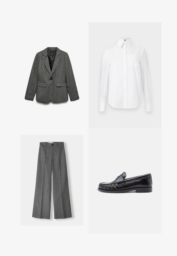 Blazer gris en tissu texturé, à fermeture simple par un bouton, deux poches frontales et col à revers cranté. Intérieur doublé.; Chemise blanche à manches longues en coton, avec un col pointu, une poche avant et une fermeture à boutons sur le devant. Texture lisse.; Pantalons large gris à rayures, dotés d'une fermeture à bouton et de deux poches avant. Fabriqués en tissu texturé.; Mocassins en cuir noir avec un bout arrondi, une couture distinctive et une bride décorative sur le cou-de-pied. Finition lisse et talon bas.