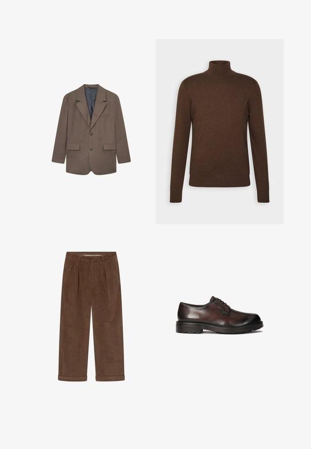 Blazer marron à carreaux avec des revers inclinés, deux poches avant, fermeture à un bouton, et une doublure grise. Tissu texturé avec une coupe ajustée.; Pull à col roulé marron en matériau doux, avec des manches longues, un design ajusté et des accents en bord côtelé au col et à l'ourlet.; Pantalon large en velours côtelé marron avec ourlets repliés, plis devant, passants de ceinture et poches latérales.; Chaussure habillée en cuir marron, à la finition lisse, au bout rond et au laçage. Équipée d'une semelle en caoutchouc noir robuste avec une bonne traction.