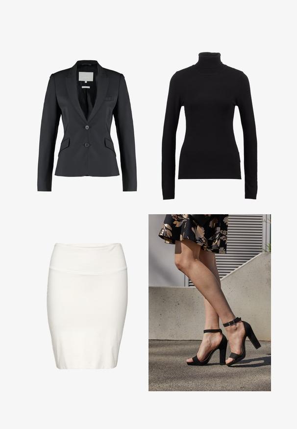 Sort blazer, skræddersyet pasform, satin stof, spids lapel, to-knaps lukning, enkelt brystlomme, to sidelommer, glat tekstur.; Sort turtleneck sweater lavet af blød stof, med lange ærmer og en tætsiddende silhuet. Enkel design uden synlige mønstre eller dekorationer.; Hvid knælang blyantskørt lavet af blødt, elastisk stof. Har et tætsiddende design med et glat taljebånd og minimale sømme.; Sorte ruskinds høje hæle sandaler har et ankelstrop med spænde, åben tå design og en kraftig hæl. Glat tekstur og minimalistisk stil.