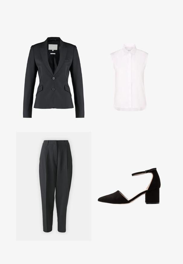 Blazer noir, coupe ajustée, en satin, revers cranté, fermeture à deux boutons, poche poitrine simple, poches latérales doubles, texture lisse.; Chemisier blanc sans manches à boutons, avec un col pointu et une patte cachée, présenté sur un fond blanc uni.; Pantalons noirs ajustés avec taille haute, plis et jambe fuselée. Tissu lisse sans motifs ni ornements visibles.; Chaussure à talon bloc en daim noir avec bout pointu et bride de cheville ; possède une texture lisse et un design minimaliste.