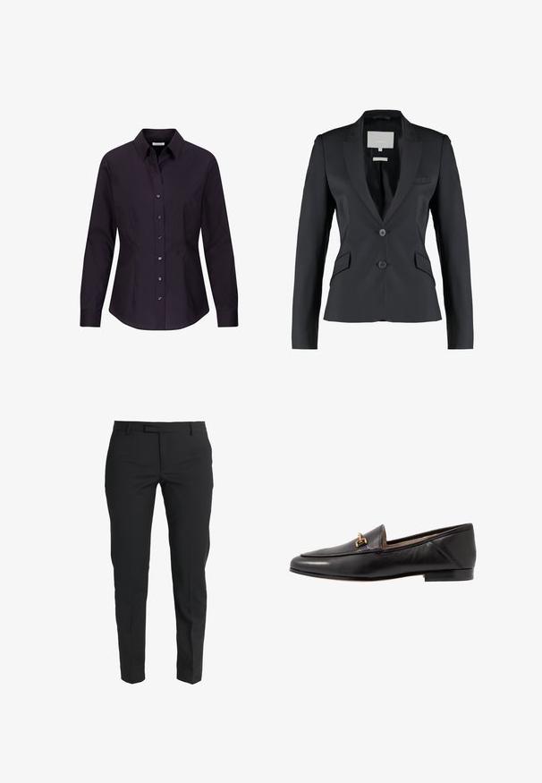 Zwarte blazer, getailleerde pasvorm, satijn stof, notch revers, dubbele knoopsluiting, enkele borstzak, dubbele zijzakken, zachte textuur.; Zwarte damesblouse met lange mouwen, aangesloten pasvorm, knoopsluiting, kraag en naaddetails aan de zijkanten, getoond op een witte achtergrond.; Zwarte op maat gemaakte broeken van gladde stof, met een slim fit, rechte benen, zijzakken en een vlakke voorkant met een ritssluiting.; Zwarte leren instapper met een platte hak, spitse neus en een gouden accent aan de voorkant. Glad textuur met minimale stikdetails.