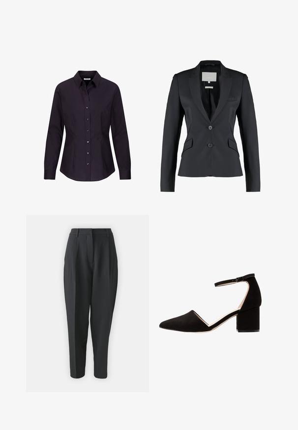 Sort blazer, skræddersyet pasform, satin stof, spids lapel, to-knaps lukning, enkelt brystlomme, to sidelommer, glat tekstur.; Sort, langærmet, figursyet dame skjorte med knapper, krave og sømdetaljer på siderne, vist på hvid baggrund.; Sorte skræddersyede bukser med høj talje, plisseringer og indsnævret ben. Glat stof uden synlige mønstre eller udsmykninger.; Sorte ruskindsblokhælssko med spids tå og ankelrem; har en glat overflade og minimalistisk design.