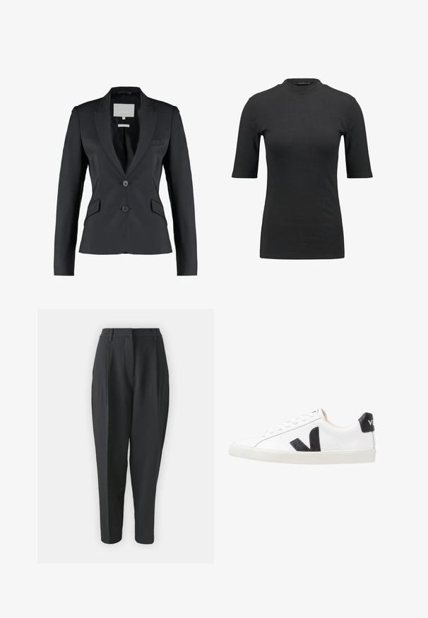 Sort blazer, skræddersyet pasform, satin stof, spids lapel, to-knaps lukning, enkelt brystlomme, to sidelommer, glat tekstur.; Sort ribbet t-shirt med høj hals og korte ærmer. Glat, tætsiddende design uden mønstre eller synlige hardwaredetaljer.; Sorte skræddersyede bukser med høj talje, plisseringer og indsnævret ben. Glat stof uden synlige mønstre eller udsmykninger.; Hvide sneakers med et sort V-logo, der har en glat læderoverdel, rund tå, snørrelukning og en kontrasterende sort hælflap.