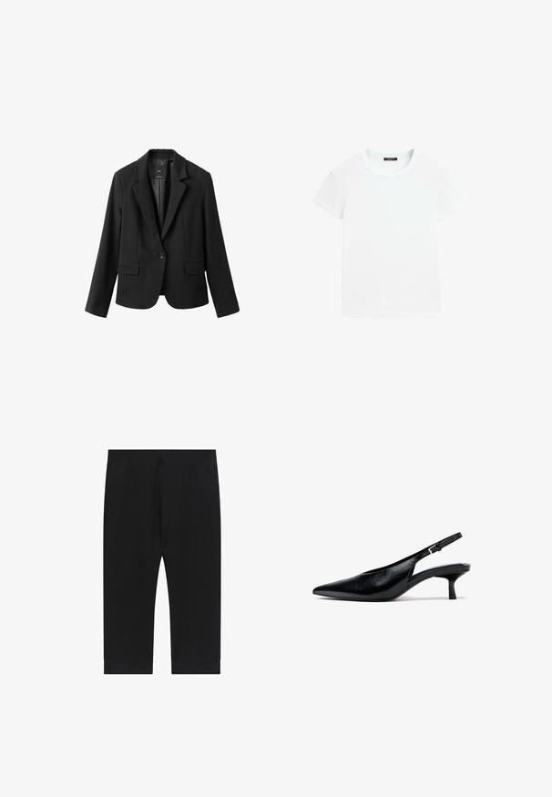 Sort enkeltknappet blazer med notch-revers, to forlommer med klap, og lange ærmer, vist på en hvid baggrund.; Hvid t-shirt med korte ærmer og rund halsudskæring, lagt fladt på en hvid baggrund.; Sorte strækbukser med en tætsiddende pasform, der har en glat tekstur og cropped længde, afsluttet med en simpel kant ved anklerne.; Sort læder slingback kittenhæle med spids tå og justerbar strop med spænde på hvid baggrund.