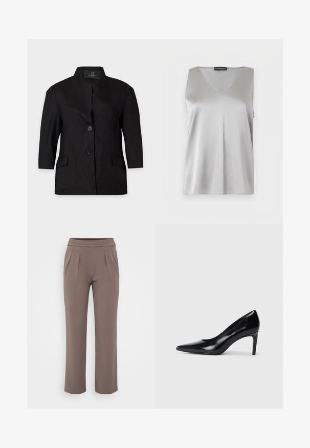 Blazer negro de mujer con dos botones, mangas largas, cuello alto y bolsillos delanteros con solapa, mostrado sobre un fondo claro y liso.; Top sin mangas de satén plateado con escote en V y etiqueta de Emporio Armani sobre un fondo blanco.; Pantalones sueltos color topo con cinturilla elástica y pliegues frontales, hechos de una tela suave.; Zapato de tacón alto de cuero negro con punta afilada, textura suave y tacón en forma de cono. Diseño minimalista, sin adornos adicionales.