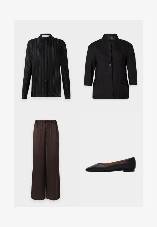 Sort kvindeblazer med to knapper, lange ærmer, høj krave og forlommer med klap, vist på en ensartet lys baggrund.; Sort langærmet skjorte med knapper, forsynet med fine hvide lodrette striber og klassisk krave, vist på en ensfarvet hvid baggrund.; Sorte, vidde bukser lavet af glat stof med elastik i taljen og snøre. Har et løst, flydende design.; Sort læder flad sko med spids tå, lav hæl og glat finish, vist fra siden på en lysegrå baggrund.