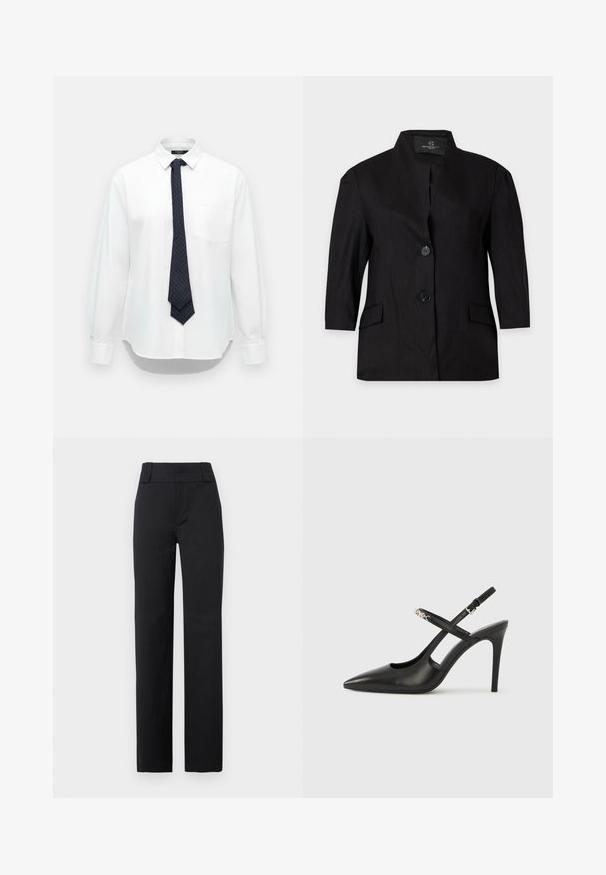Blazer noir pour femme avec deux boutons, manches longues, col montant et poches à rabat devant, présenté sur un fond clair uni.; Chemise blanche à manches longues avec col et une poche poitrine gauche, associée à une cravate bleu marine foncé à motif à carreaux.; Pantalon noir taille haute à jambes droites, avec passants de ceinture larges, fermeture éclair avant et coupe ajustée, adapté pour une tenue formelle ou de bureau.; Escarpins slingback en cuir noir avec bout pointu, design ajouré et bride ajustable ornée de ferrures métalliques.